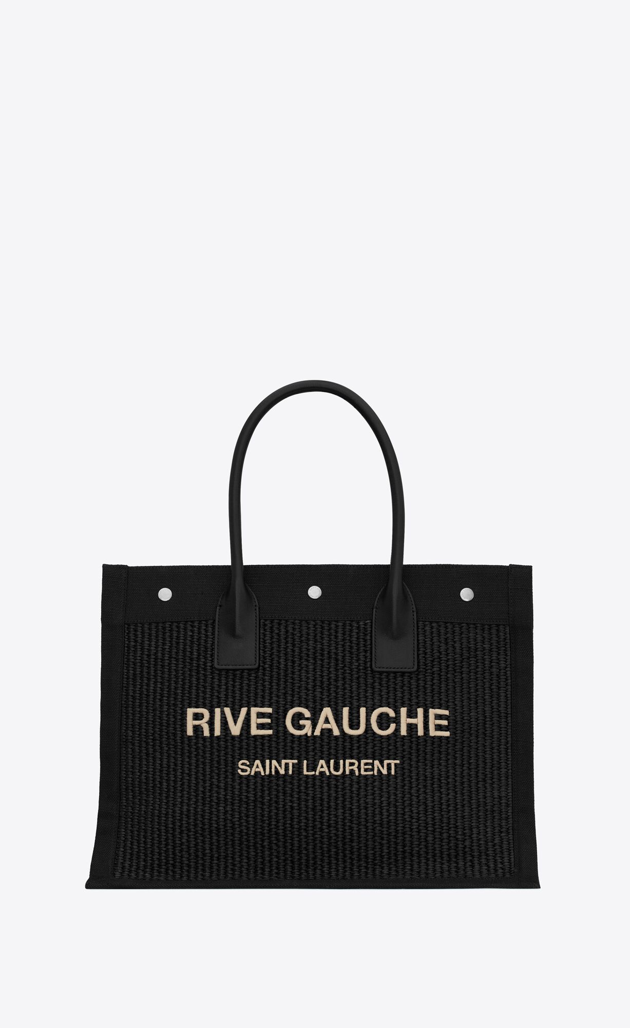 YSL Rive Gauche Small Tote Bag In Raffia And Leder Schwarz | 97861-SGZT