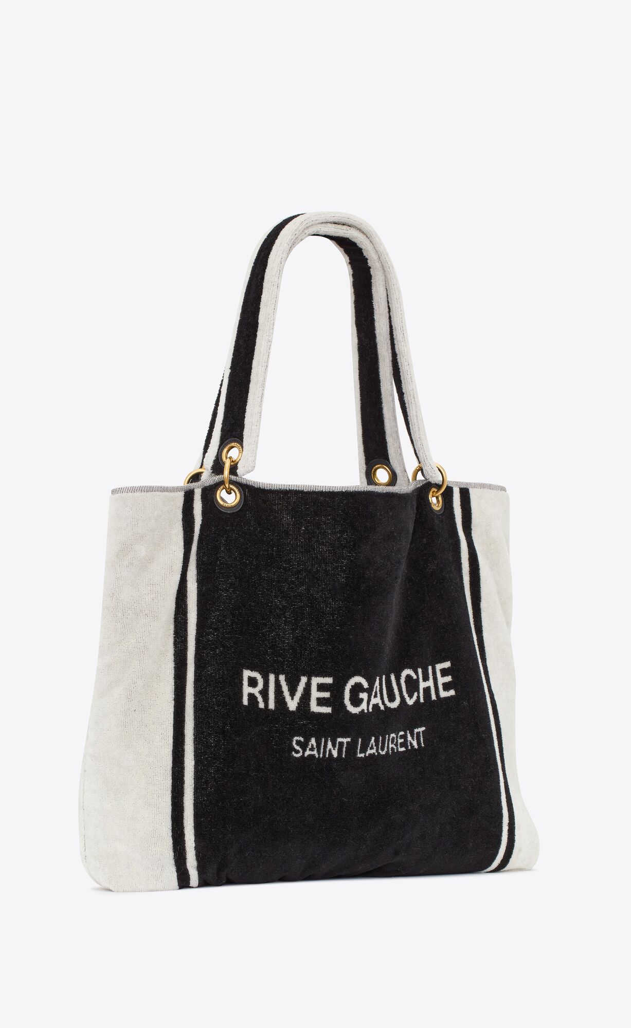 YSL Rive Gauche Towel Tote Bag In Terry Cloth Schwarz Weiß | 78231-WOEI