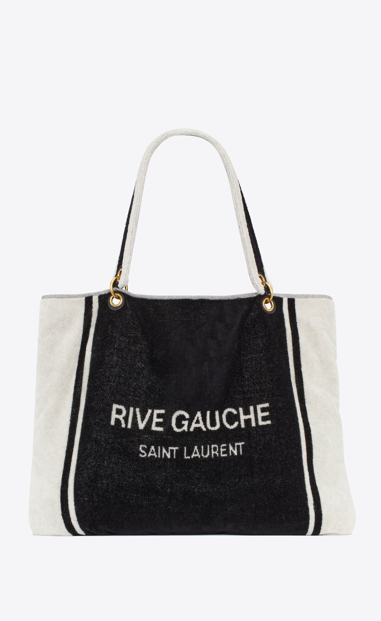 YSL Rive Gauche Towel Tote Bag In Terry Cloth Schwarz Weiß | 78231-WOEI