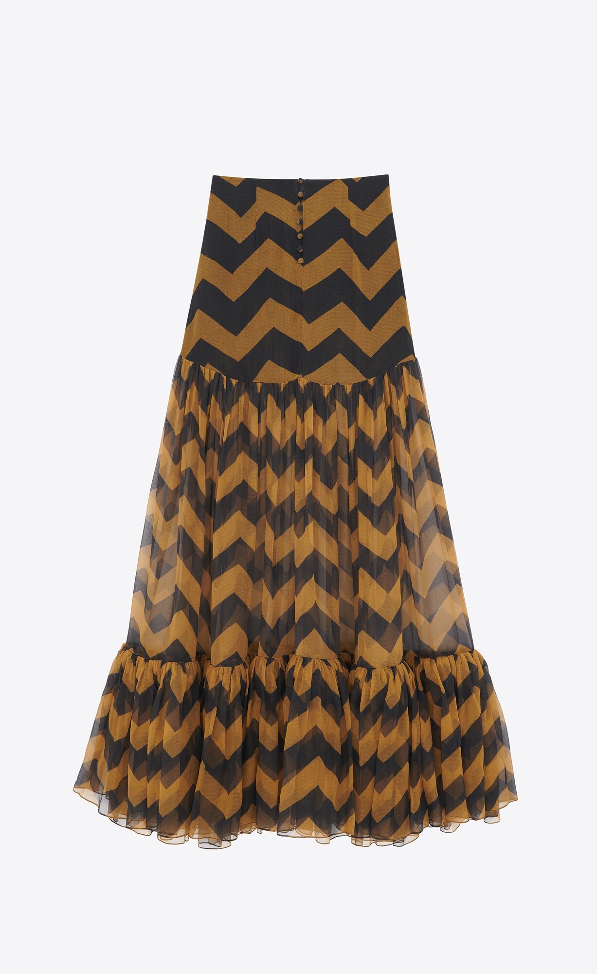 YSL Ruffled Long Skirt In Chevron Silk Paille Et Noir | 95760-FLQE