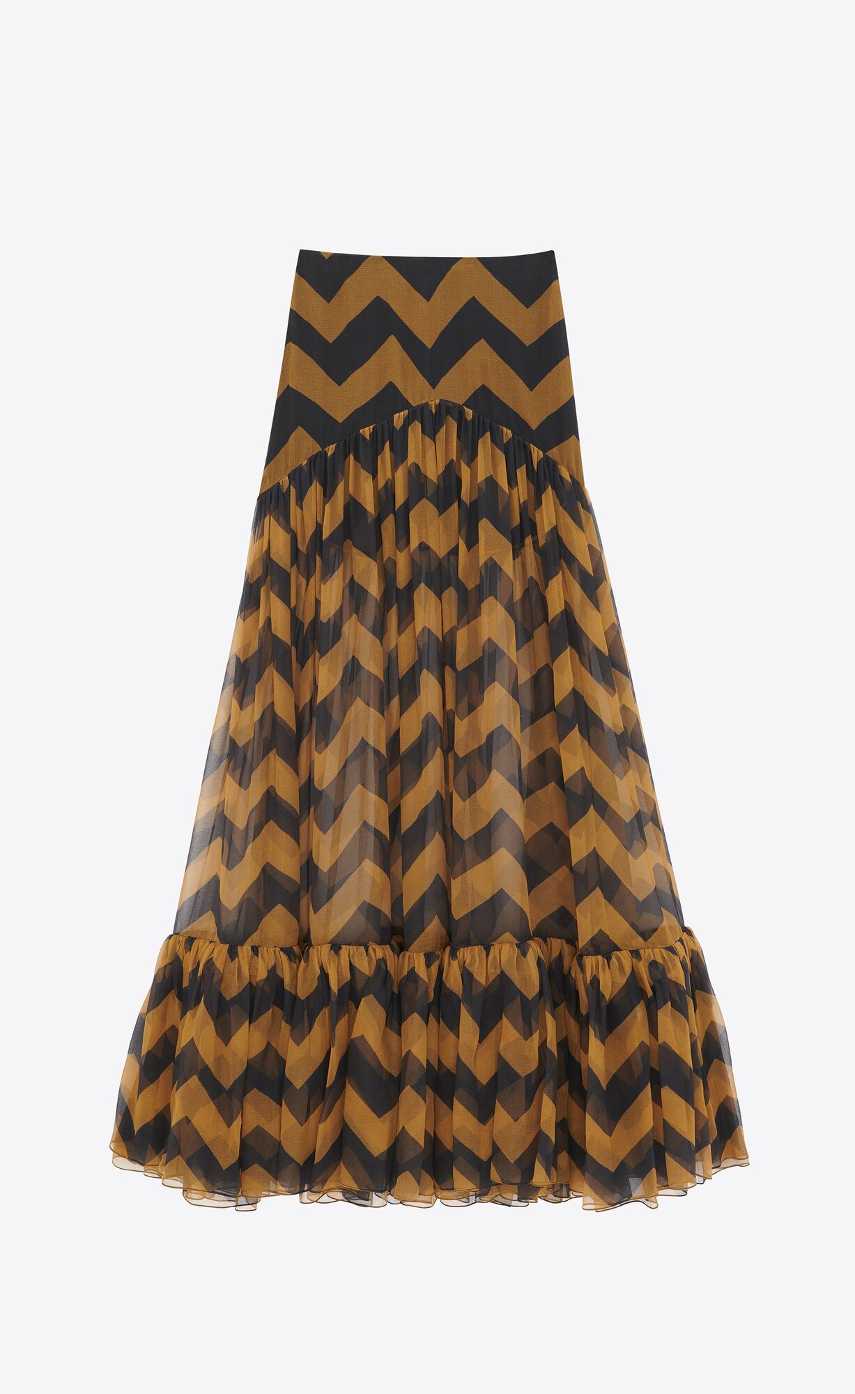 YSL Ruffled Long Skirt In Chevron Silk Paille Et Noir | 95760-FLQE