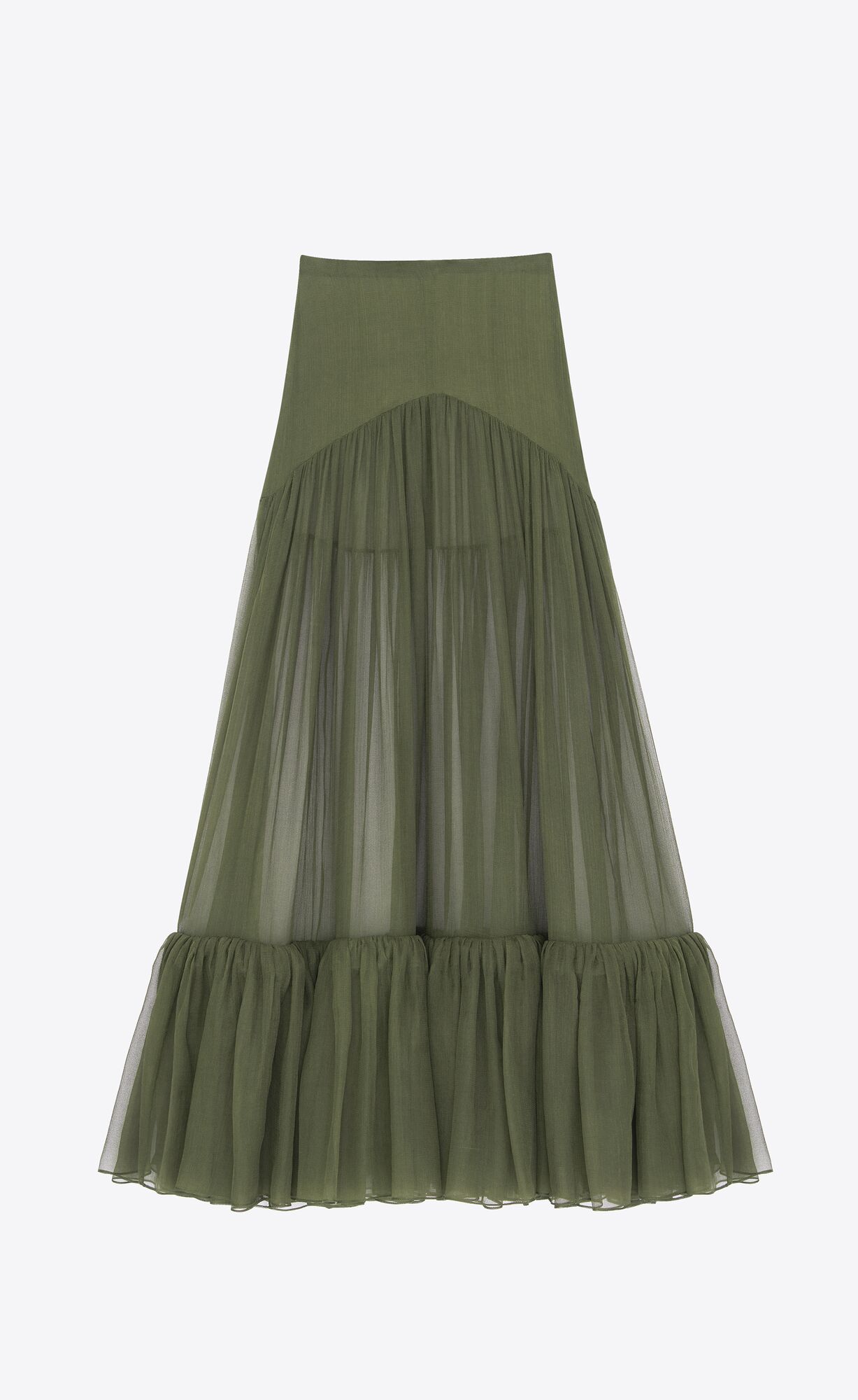 YSL Ruffled Long Skirt In Silk Khaki | 95834-YULP