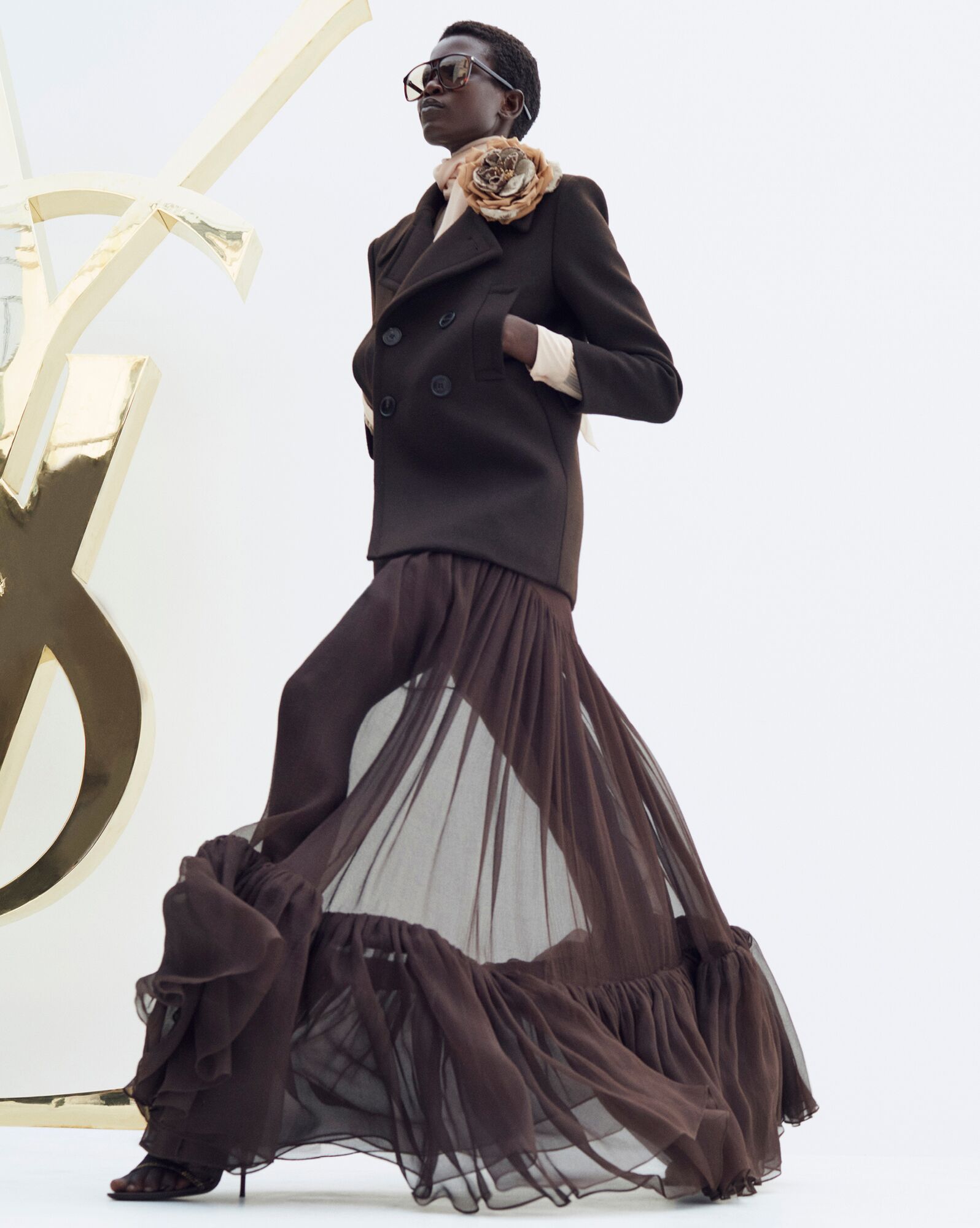 YSL Ruffled Long Skirt In Silk Marron Fonce | 71386-APQJ