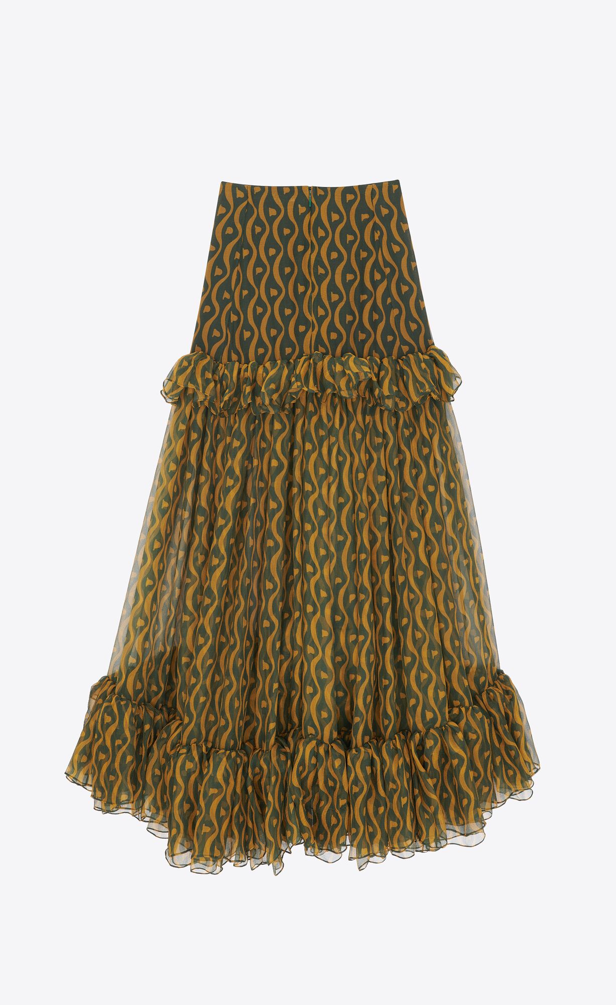 YSL Ruffled Long Skirt In Silk Vert Ocre | 87264-WZGM