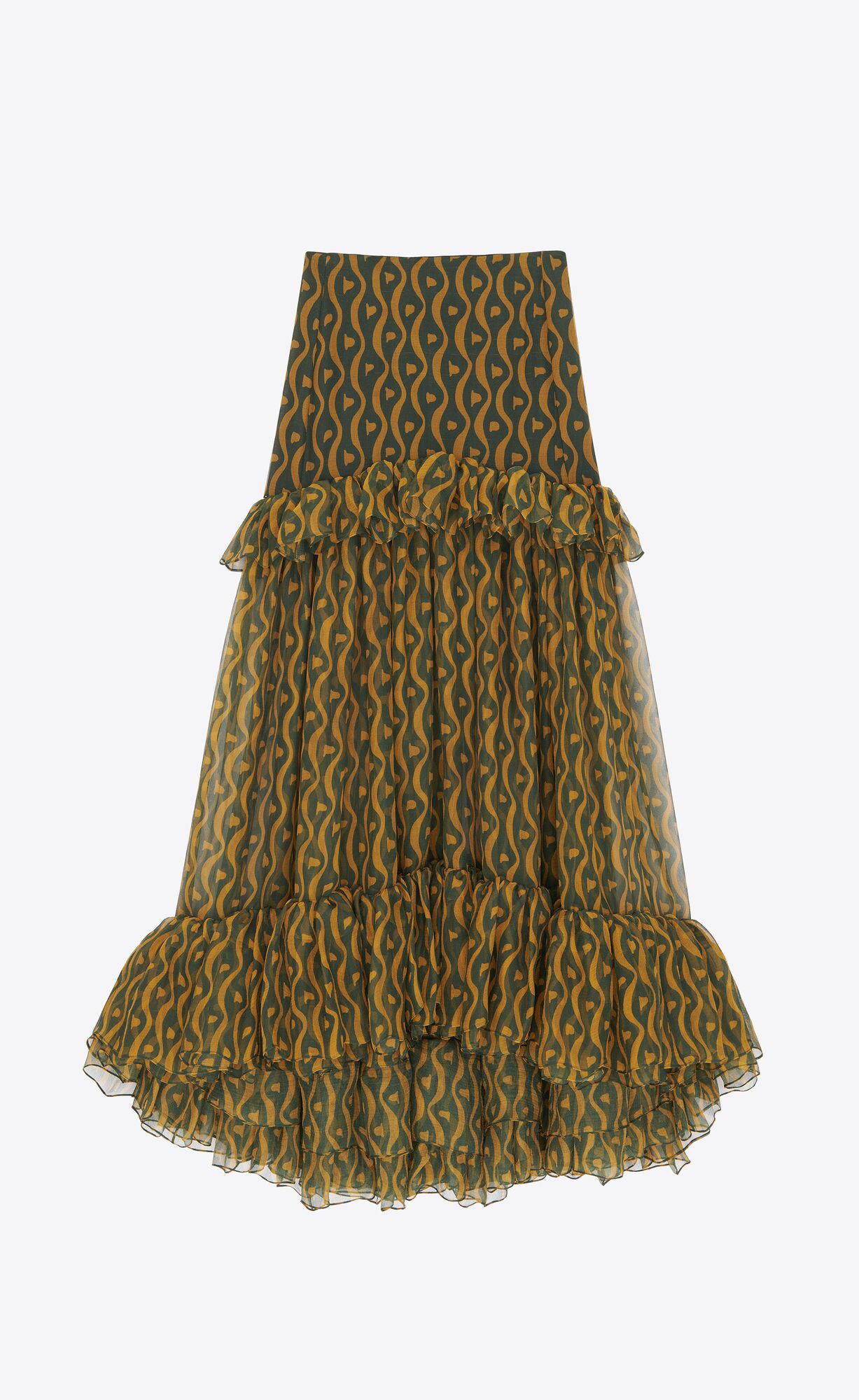 YSL Ruffled Long Skirt In Silk Vert Ocre | 87264-WZGM