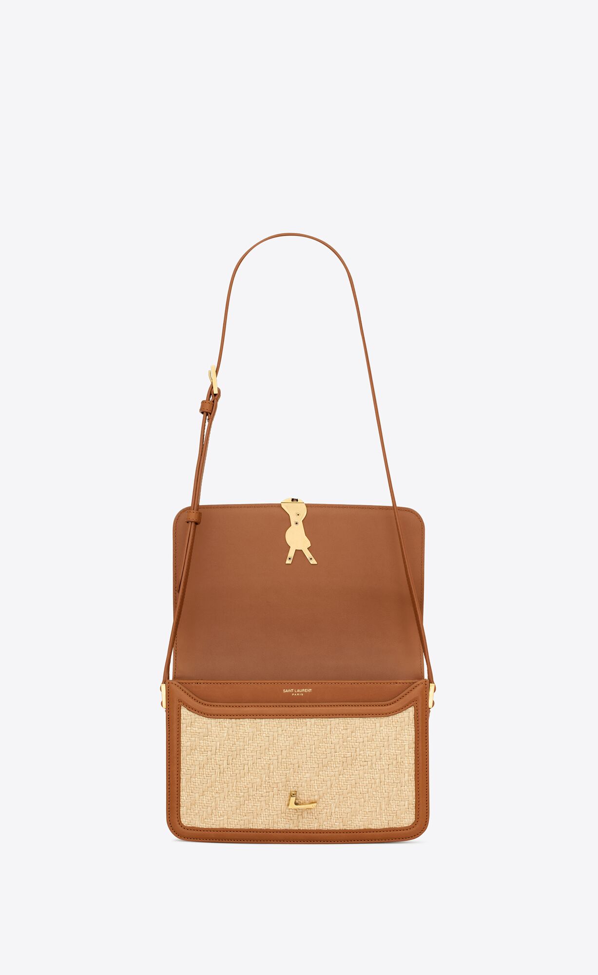 YSL Solferino Medium Satchel In Raffia And Vegetable-tanned Leder Beige Braun Dunkelrot | 27849-KLIN