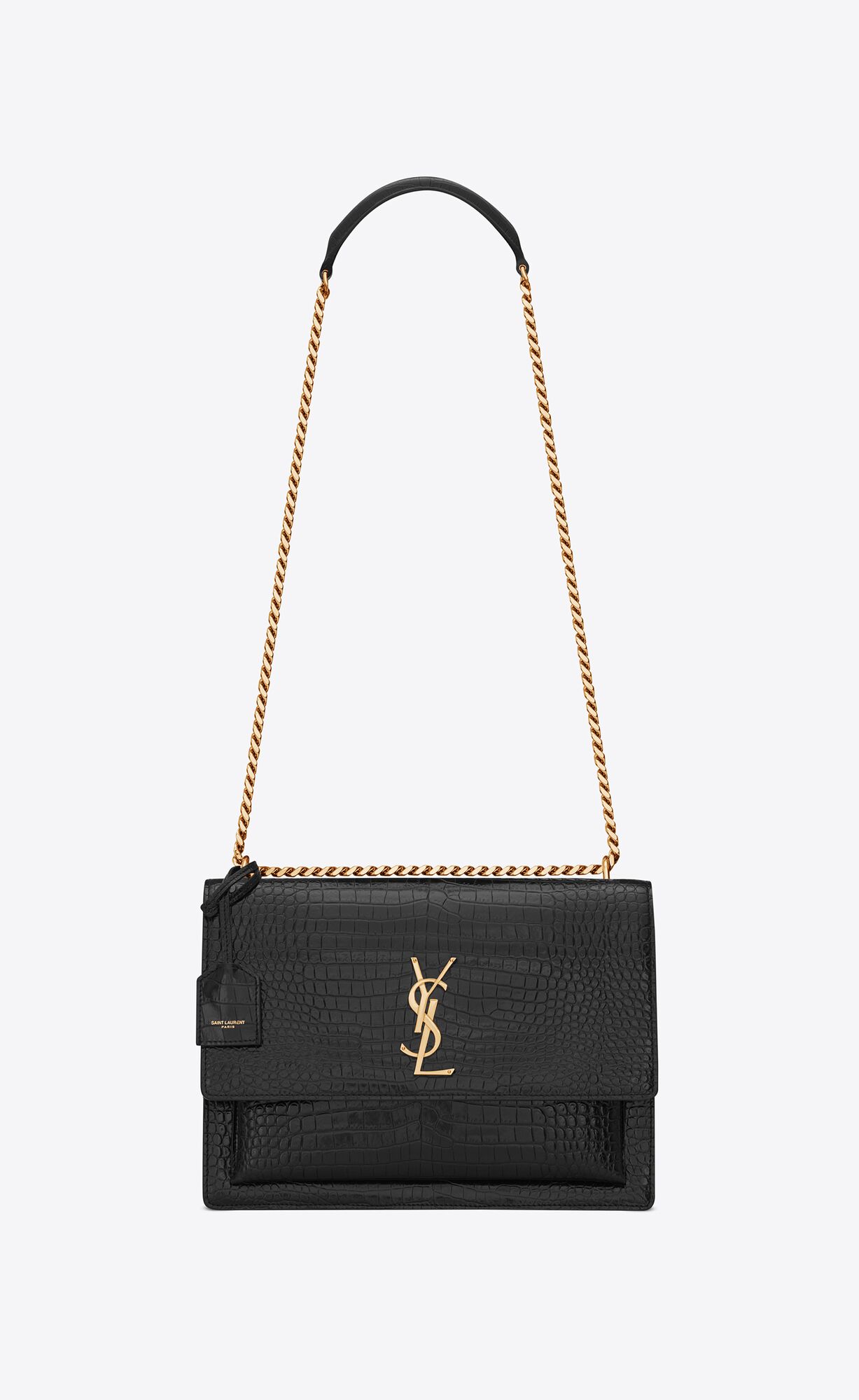 YSL Sunset Large Chain Bag In Crocodile-embossed Shiny Leder Noir | 31690-UVHM