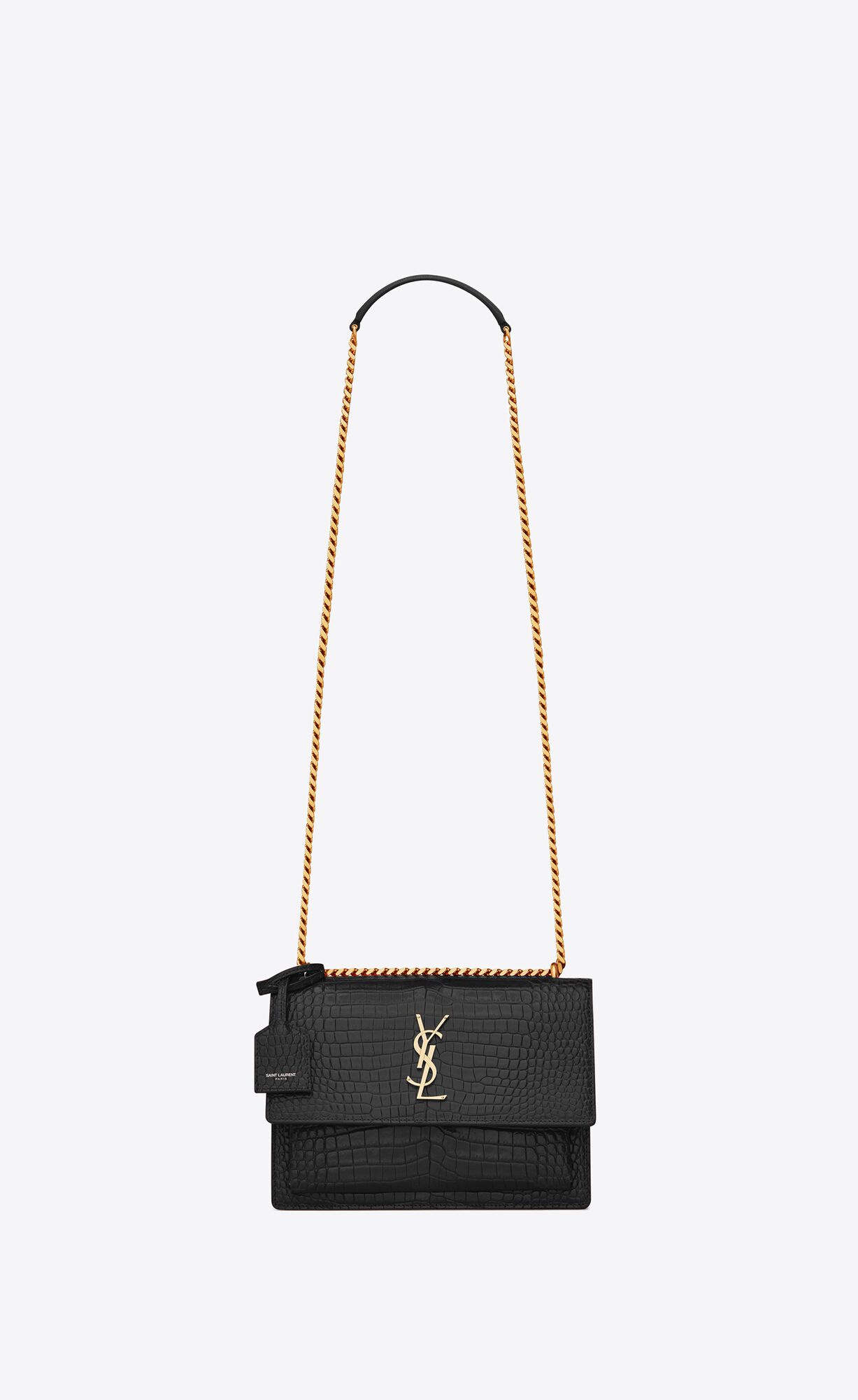 YSL Sunset Medium Chain Bag In Crocodile-embossed Shiny Leder Noir | 09763-SKDN