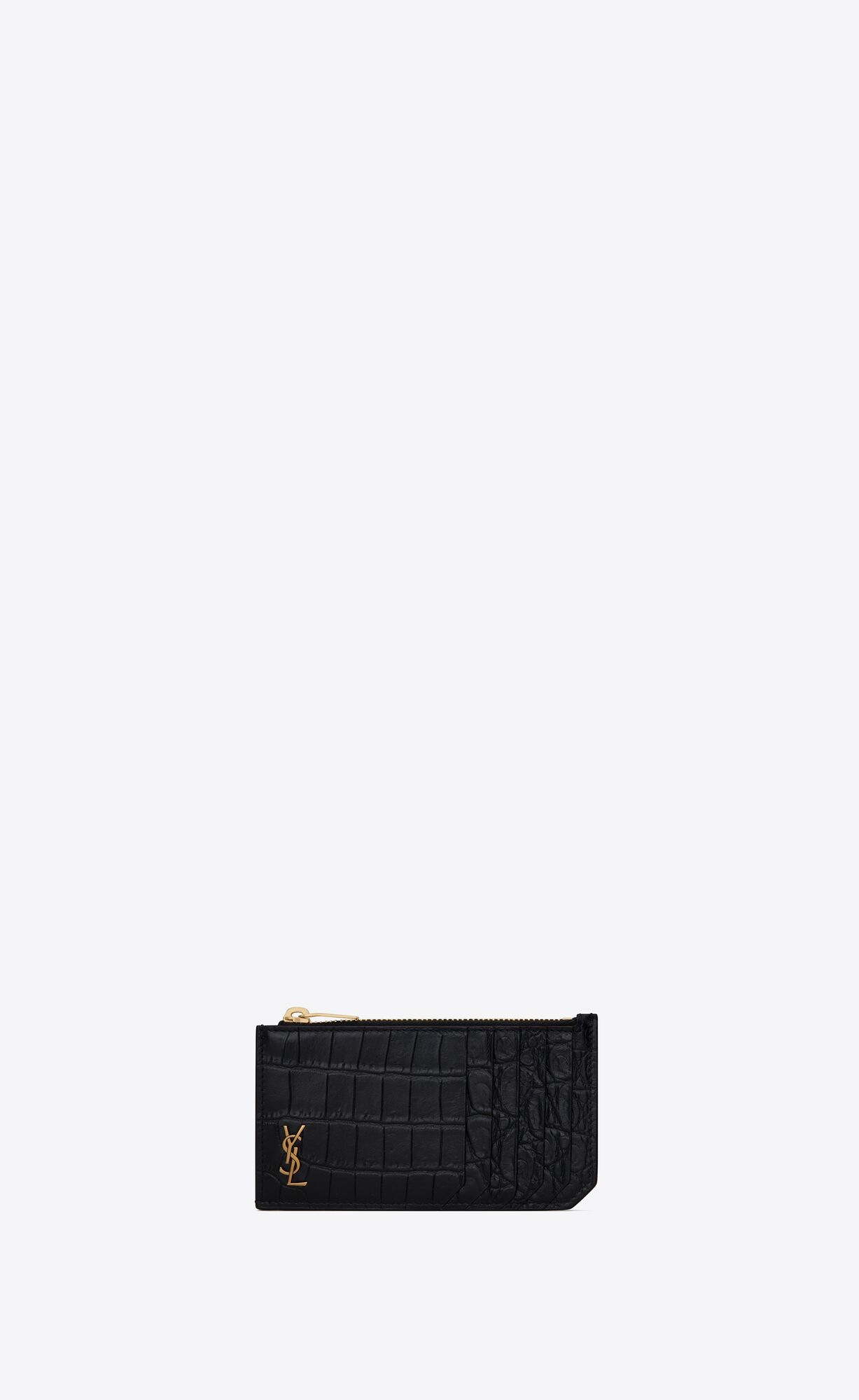 YSL Tiny Cassandre Fragments Zip Card Case In Crocodile-embossed Matte Leder Schwarz | 40381-RJAP