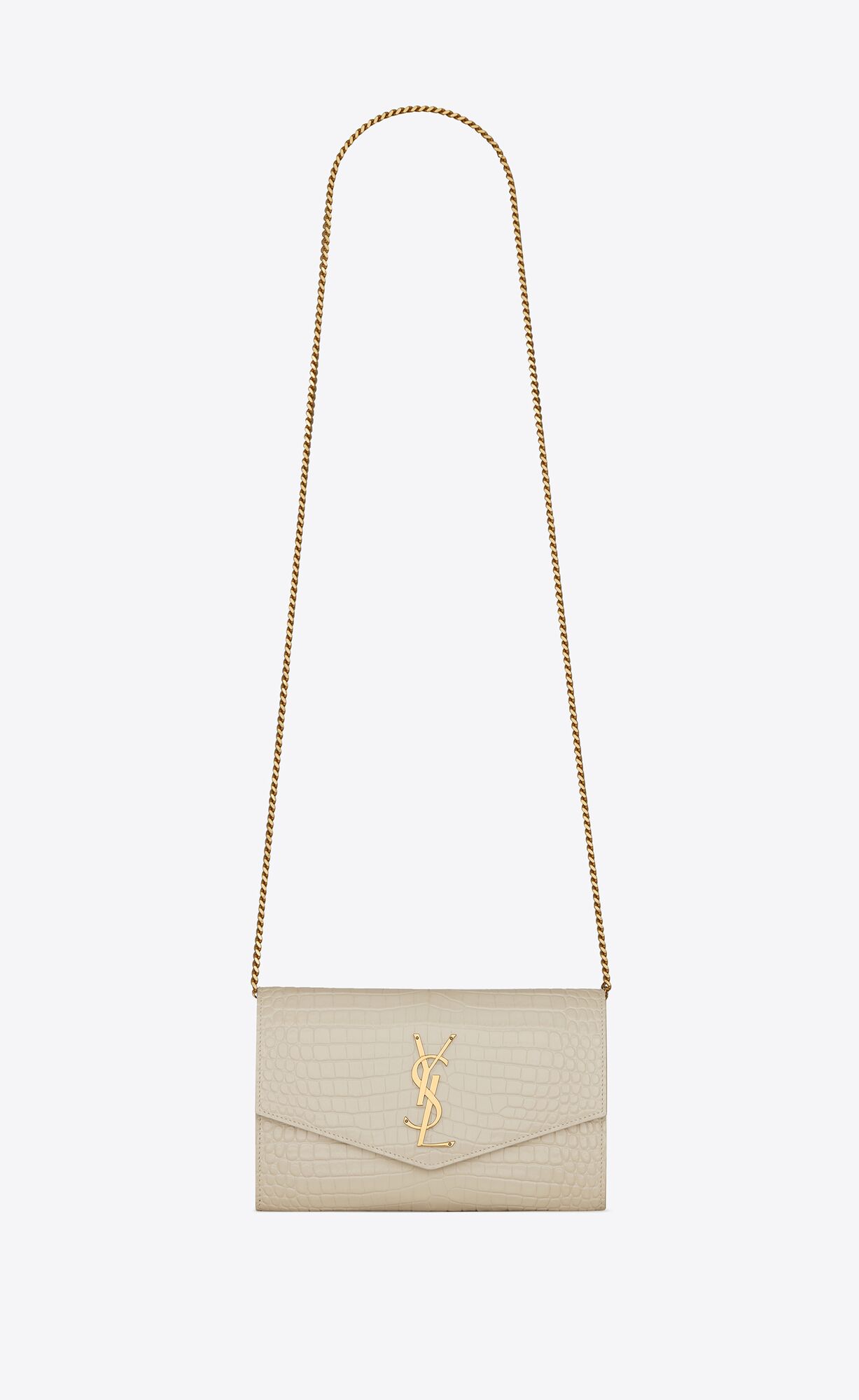 YSL Uptown Chain Wallet In Crocodile-embossed Shiny Leder Blanc Vintage | 25796-VJIT