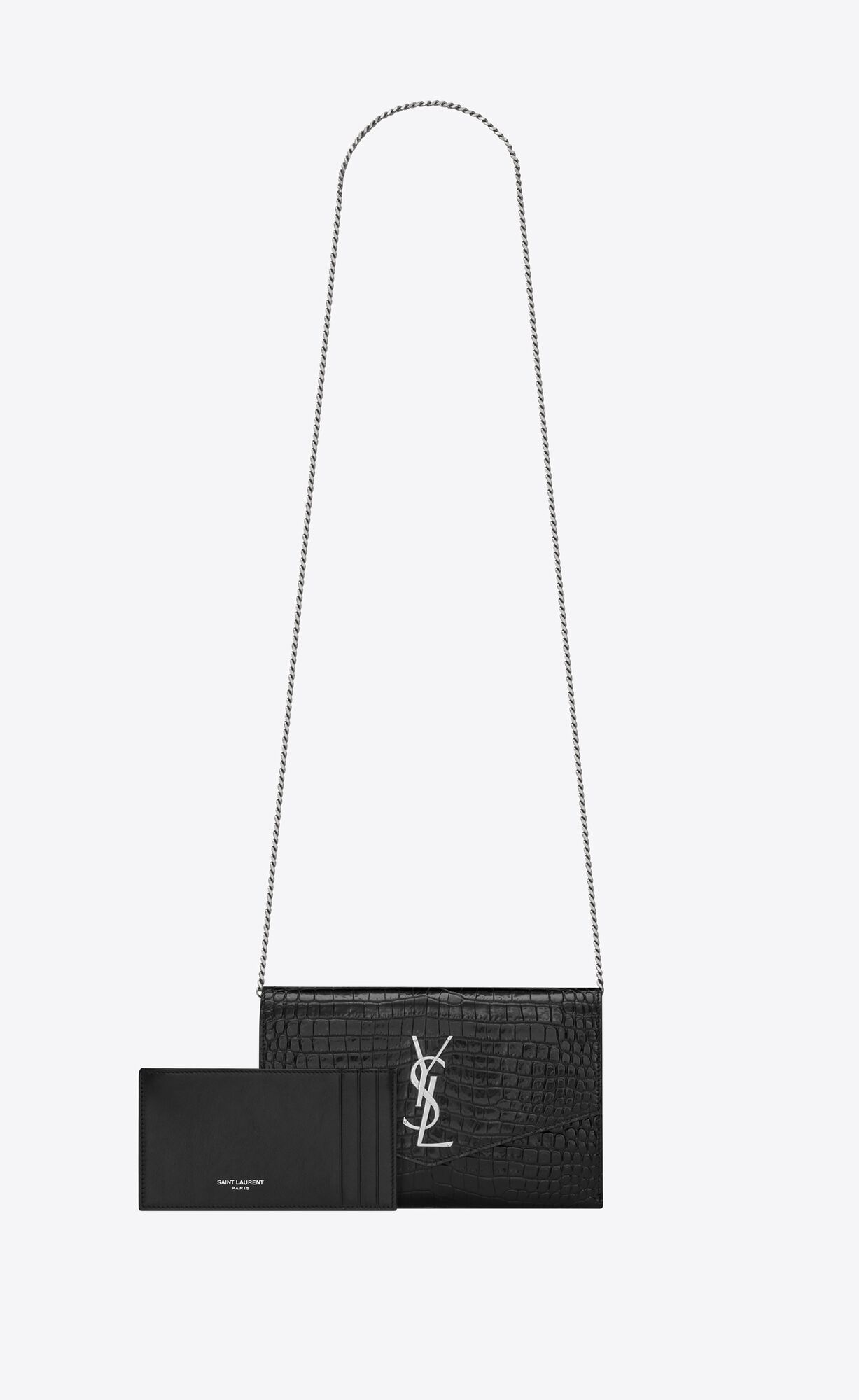 YSL Uptown Chain Wallet In Crocodile-embossed Shiny Leder Schwarz | 54629-INAB