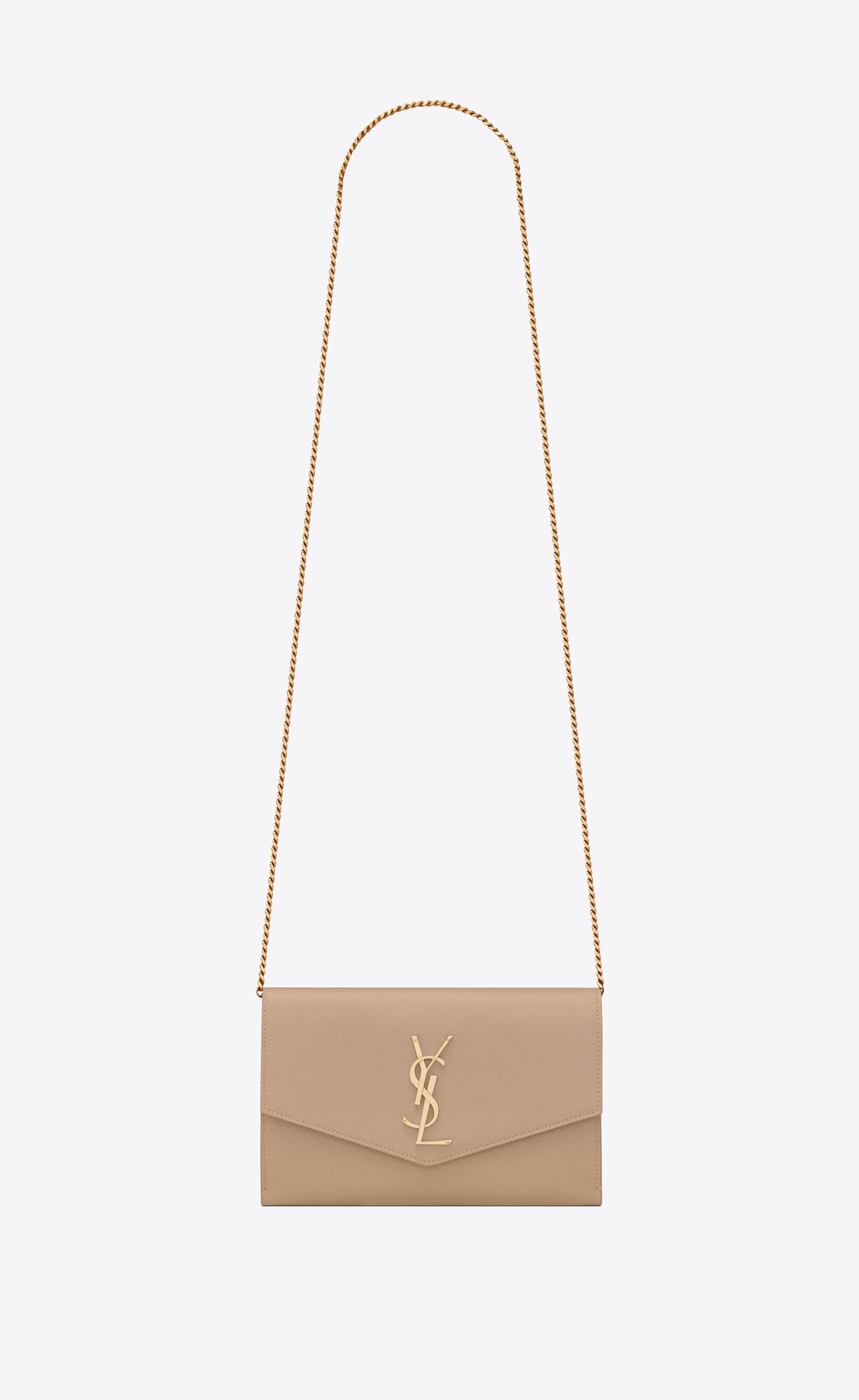 YSL Uptown Chain Wallet In Grain De Poudre Embossed Leder Dunkelbeige | 39027-KICV