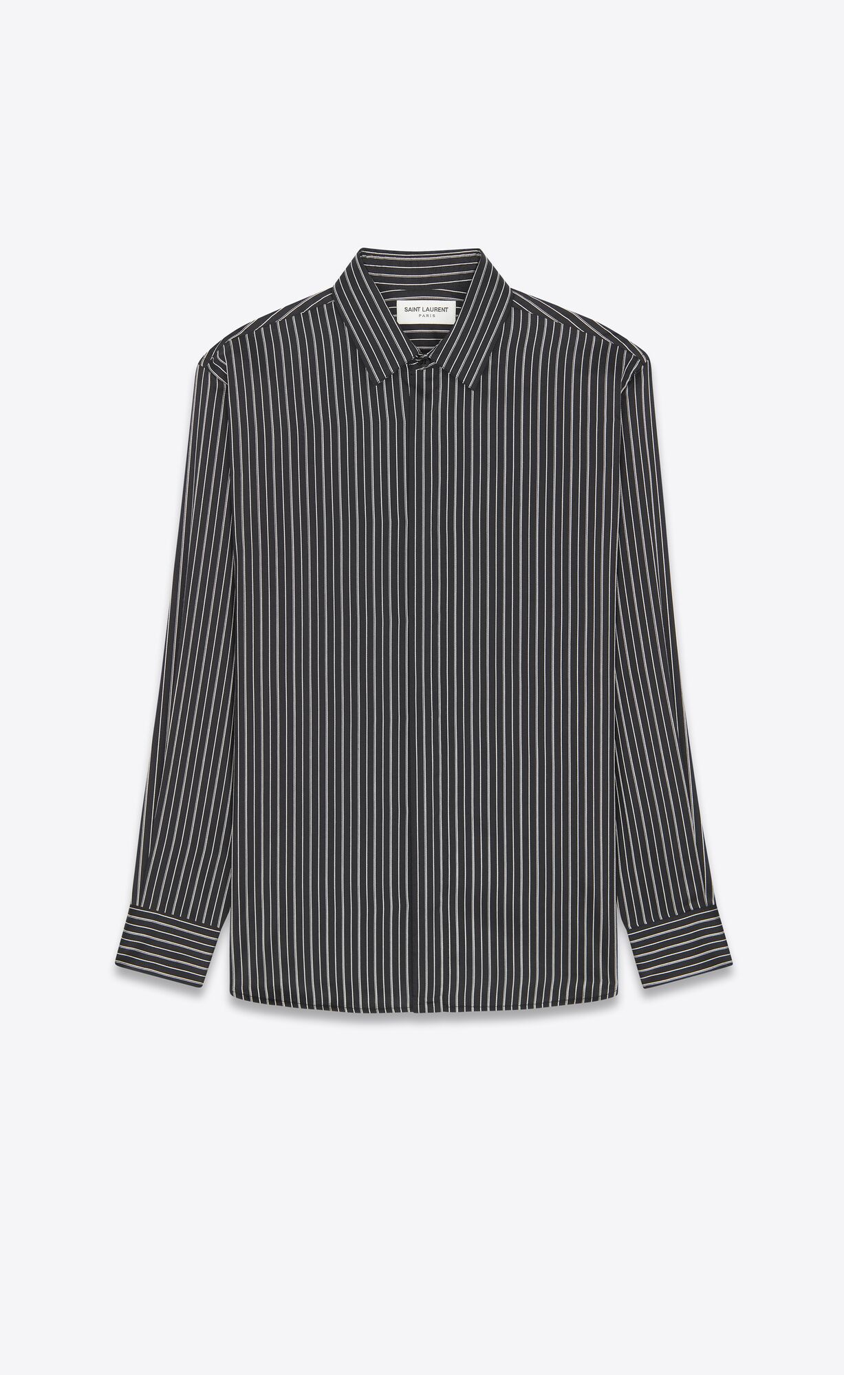 YSL Yves Collar Klassische Shirt In Gestreift Silk Noir Craie | 06298-YTRB