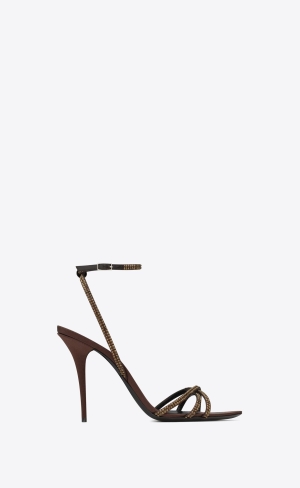 YSL Ava Sandals In Crepe Satin With Rhinestones Dunkelschokolade | 56418-YIQT