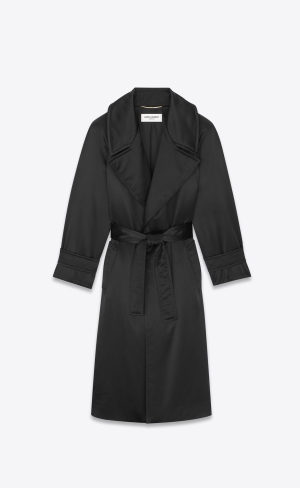 YSL Belted Coat In Crepe Satin Schwarz | 21947-NHYJ