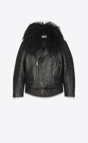 YSL Biker Jacket In Leder And Feathers Noir | 10754-CUYR