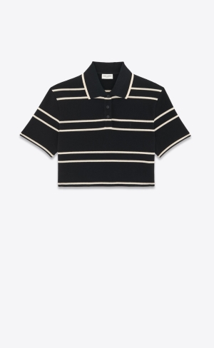 YSL Cassandre Cropped Polo Shirt Noir Craie | 92803-AKQB