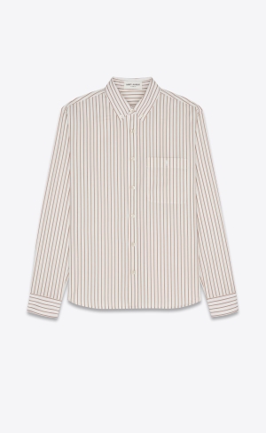 YSL Cassandre Shirt In Gestreift Baumwoll Poplin Creme Caramel | 13420-ZRJO