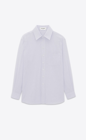 YSL Cassandre Shirt In Gestreift Baumwoll Poplin Blanc Bleu | 89216-LARV