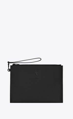 YSL Cassandre Zipped Tablet Holder In Grain De Poudre-embossed Leder Noir | 21094-KVHY