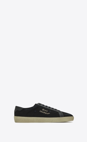 YSL Court Klassische Sl/06 Embroidered Sneakers In Canvas And Smooth Leder Schwarz | 94823-CWMU