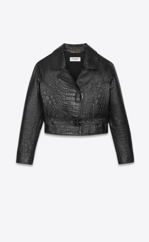 YSL Cropped Jacket In Crocodile-embossed Leder Schwarz | 69753-PVHR