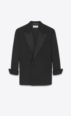 YSL Double-breasted Tuxedo Jacket In Grain De Poudre Noir | 13405-SMKJ