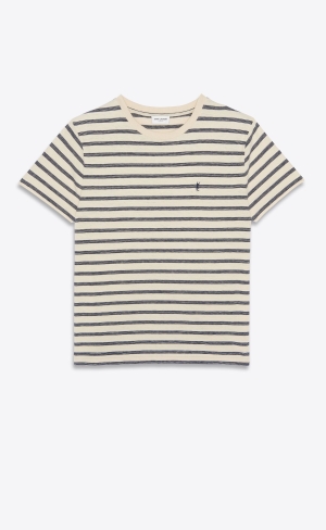 YSL Gestreift Cassandre T-shirt In Jersey Blau | 62547-IQKM