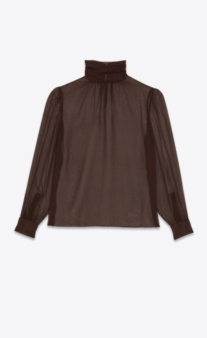 YSL High-neck Blouse In Silk Muslin Cafe | 76493-OHXU