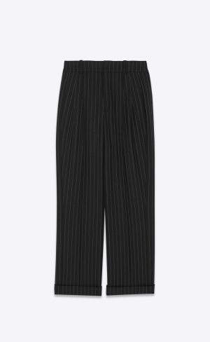 YSL High-waisted Pants In Gestreift Wolle Noir Craie | 52403-CPGK