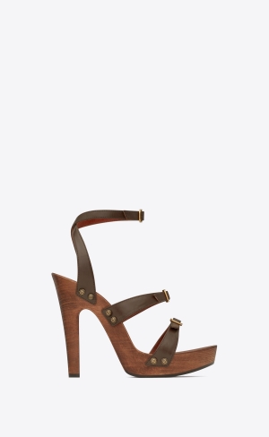 YSL Joan Plattform Sandals In Smooth Leder And Wood Kaffee | 14573-BAMS