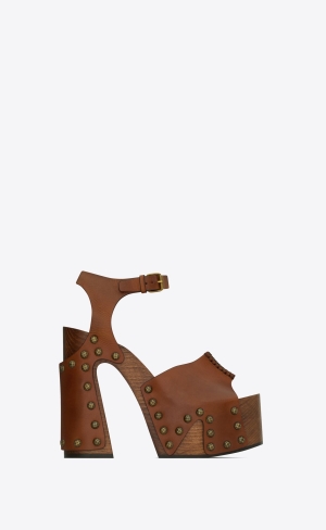 YSL Joan Plattform Sandals In Smooth Leder And Wood Noisette | 37465-QEXZ