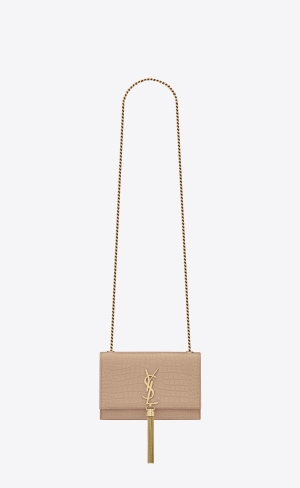 YSL Kate Small Chain Bag With Tassel In Crocodile-embossed Shiny Leder Dunkelbeige | 18052-UYMF