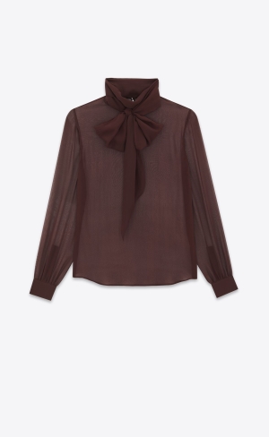 YSL Lavallière-neck Blouse In Crepe Muslin Dunkelbraun | 06754-JXMY