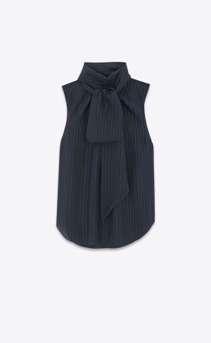 YSL Lavallière-neck Blouse In Matte And Shiny Gestreift Silk Bleu Nuit | 25740-XFUA