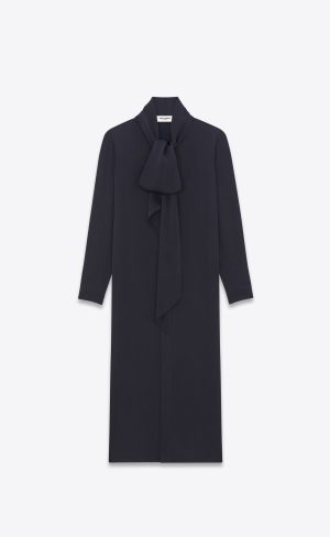 YSL Lavallière-neck Long Shirt In Crepe Satin Blau | 59078-NCHU