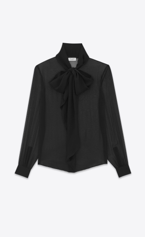 YSL Lavallière-neck Shirt In Crepe Muslin Schwarz | 75423-NDVC