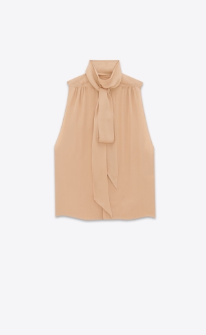 YSL Lavallière-neck Tunic Shirt In Silk Satin Beige | 61097-BLHI