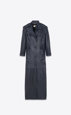 YSL Long Coat In Lambskin Bleu Fonce | 36271-KZDW