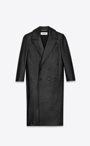 YSL Long Double-breasted Coat In Lambskin Schwarz | 08371-EJLC