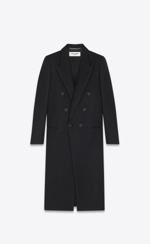 YSL Long Double-breasted Coat In Wolle Felt Noir Brillant | 51834-IUJS