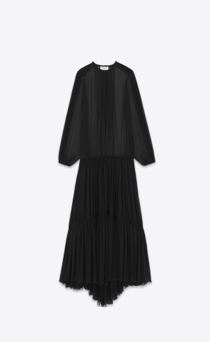 YSL Long Kleider In Crepe Muslin Schwarz | 15346-WVOQ