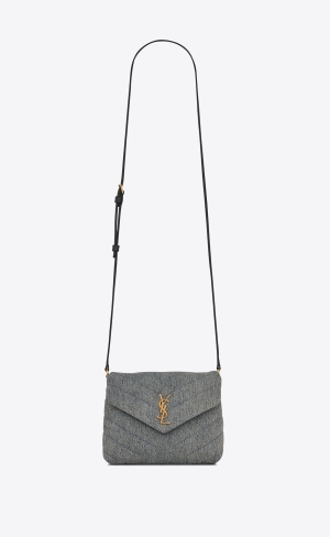 YSL Loulou Toy Riemen Bag In Gesteppt "Y" Denim And Smooth Leder Blau Grau Hell | 37028-EOTL