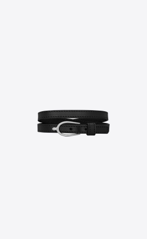 YSL Lucky Bone Double Wrap Bracelet In Vegetable-tanned Leder And Metal Schwarz | 29635-HYNS