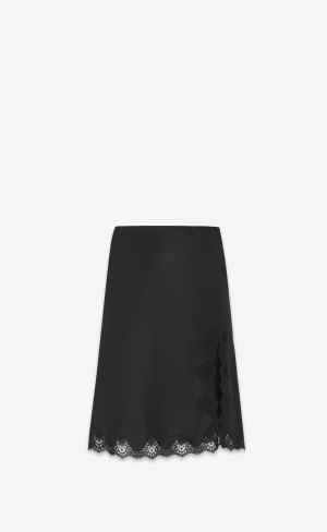 YSL Midi Skirt In Crepe Satin And Spitze Schwarz | 48095-SYAZ