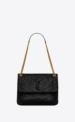 YSL Niki Medium Chain Bag In Crinkled Vintage Leder Noir | 61702-EFZY