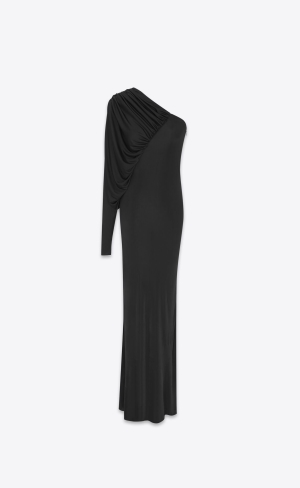 YSL One Shoulder Long Kleider In Shiny Jersey Schwarz | 18965-MDQA