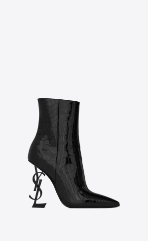 YSL Opyum Booties In Alligator-embossed Lack Leder Schwarz | 28675-AFQL