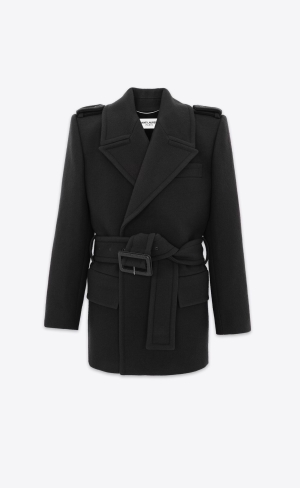 YSL Oversize Shoulder Coat In Wolle Felt Noir Brillant | 98370-YVFU