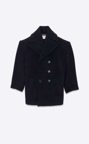 YSL Oversized Peacoat In Chevron Wolle Navy | 40325-IBOK